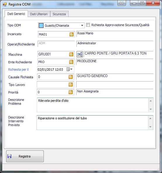 Registrazione Intervento Tramite questa videata il capo reparto o l addetto linea possono direttamente registrare gli