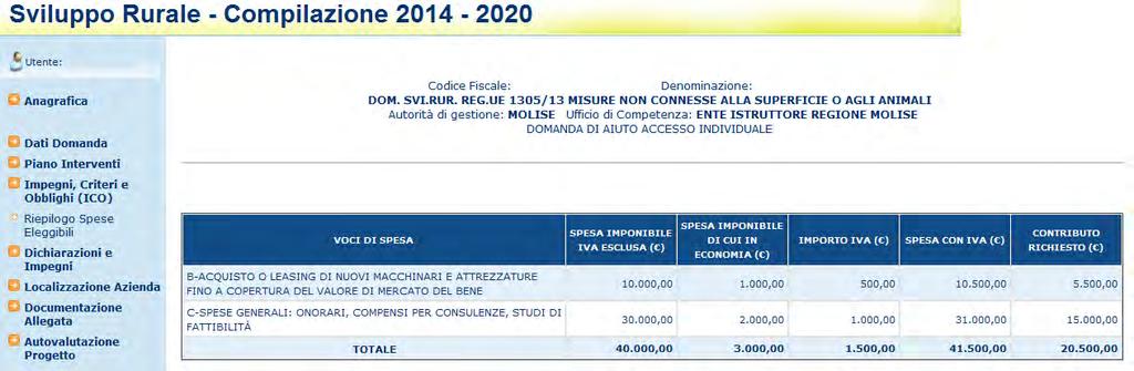 67-87 Selezionato il link Riepilogo Spese Eleggibili, si accede alla pagina in cui viene proposto il riepilogo delle voci di spesa richiesti a premio in e aggregati per tipologia di bene.