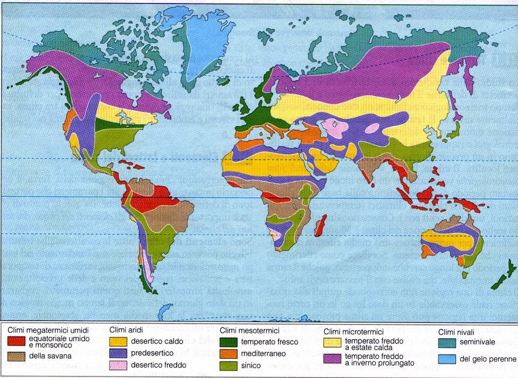 Tipi climatici Ogni classe climatica è divisa in tipi climatici in base al
