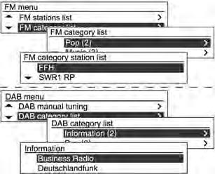 Menu FM/DAB elenco categorie FM/DAB Girare la manopola di regolazione MENU-TUNE per selezionare l elenco desiderato e quindi premere il pulsante MENU-TUNE per ricevere la frequenza di trasmissione