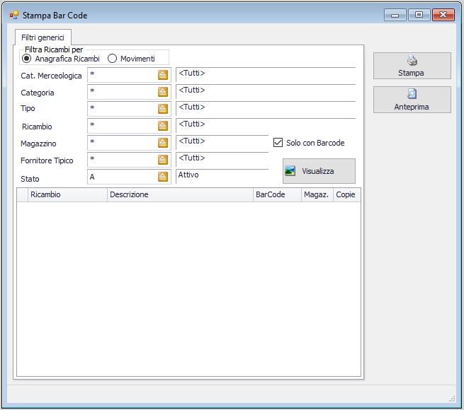 6.6.7 STAMPA BARCODE Questa videata permette di visualizzare i ricambi con barcode e di stampare