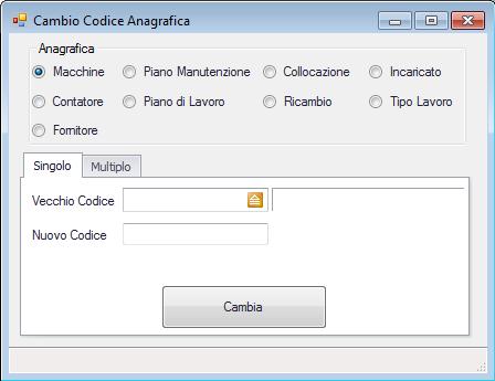 10.3 CAMBIO CODICE ANAGRAFICA Nel caso in cui sia necessario cambiare il codice di una macchina, di un piano di manutenzione, di una collocazione, di un incaricato, di un ricambio ecc.