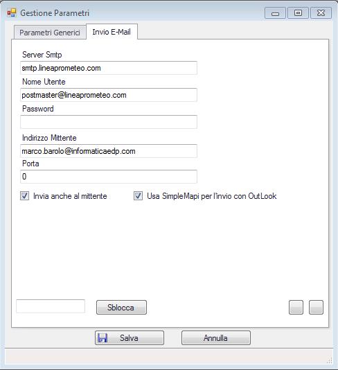 Linguetta Invio E-Mail: contiene i dati di configurazione dell account email che può essere utilizzato
