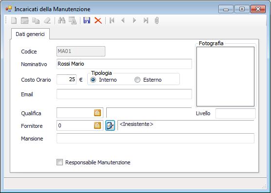Questa videata rappresenta l anagrafica dei manutentori, è possibile codificare sia personale interno che personale esterno. Gli esterni possono essere associati ad un fornitore codificato.