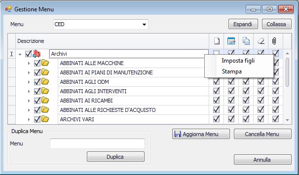 Una volta attivate/disattivate le voci, possiamo confermare le modifiche al menu cliccando su "Aggiorna Menu". Questo comporta la scrittura del menu sugli archivi di Prometeo.