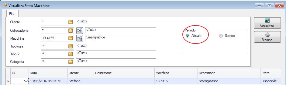 Da MACCHINE//VISUALIZZA STATO MACCHINE è possibile verificare lo stato delle attrezzature filtrando per categoria attrezzo, collocazione, macchina ecc.
