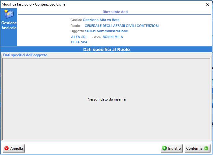 Inserimento dei DATI SPECIFICI AL RUOLO Cliccare su Conferma e confermare il