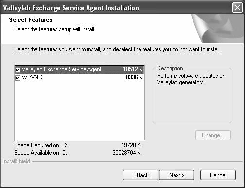 Installazione del Valleylab Exchange Service Agent Selezione delle caratteristiche 13.Selezionare i componenti da installare.