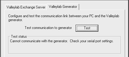 Installazione del Valleylab Exchange Service Agent Se l'utilità non è stata in grado di rilevarla, in Test status appare il seguente messaggio: Cannot communicate with the generator.