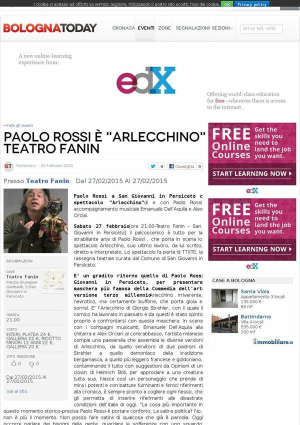 Bologna Today Cultura e turismo Paolo Rossi è "Arlecchino" al Teatro Fanin Paolo Rossi a San Giovanni in Persiceto con lo spettacolo "Arlecchino", di e con Paolo Rossi accompagnamento musicale