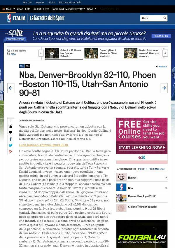 gazzetta.it Nba, Denver Brooklyn 82 110, Phoenix Boston 110 115, Utah San Antonio 90 81 Ancora rinviato il debutto di Datome con i Celtics, che però passano in casa di Phoenix.