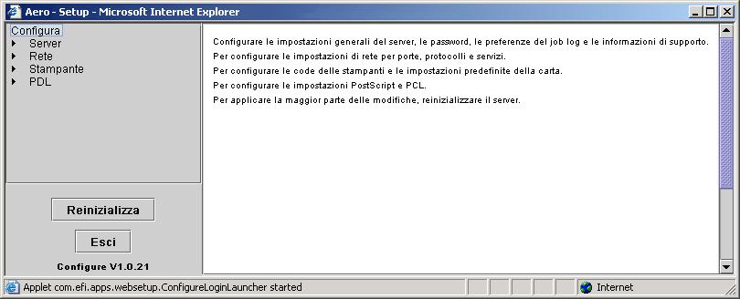 CONFIGURAZIONE DI FIERY EXP4110 DA UN COMPUTER IN RETE 63 3 Selezionare Configura dal menu Server.