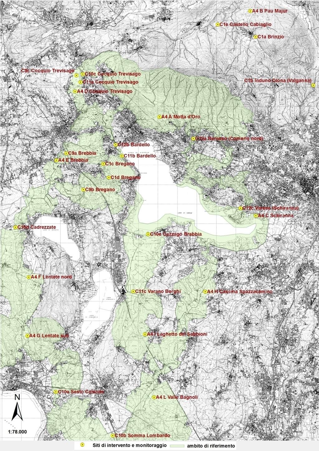 Mappa di inquadramento progettuale con localizzazione geografica dei siti in cui sono previsti gli interventi e in cui è