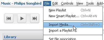 Impostazione della cartella di controllo In Philips Songbird, impostare la cartella di controllo nel seguente modo: cartelle In Philips Songbird, selezionare File > Import Media sul PC.