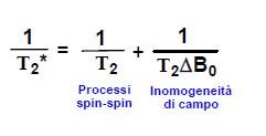 COSA DETERMINA IL RILASSAMENTO TRASVERSALE - Il rilassamento spin-spin - Le disomogeneità di campo Per cui si definisce un tempo effettivo T 2 * T 2 * = T 2 + T 2 (