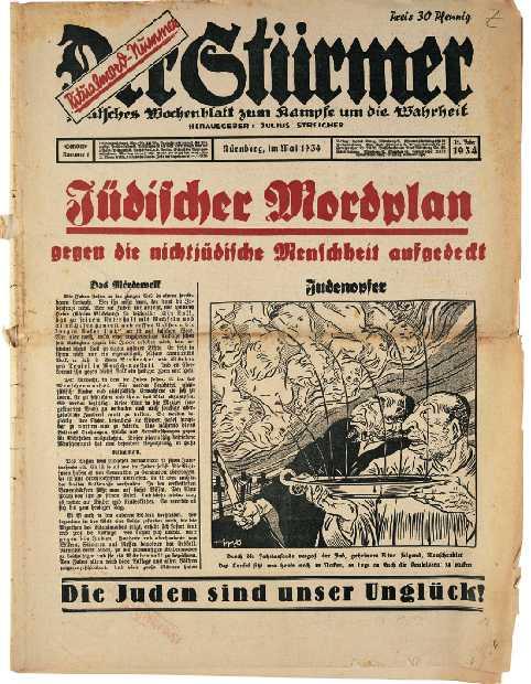 Copertina del primo numero del settimanale antisemita Der Sturmer, pubblicazione curata a Norimberga da Julius Streicher, analoga alla nostra Difesa della razza.