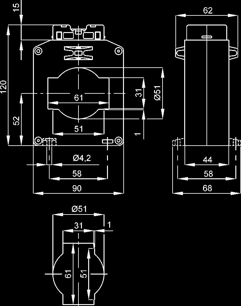 TAT061 61x31 T.A. DI MISURA A BARRA O CAVO PASSANTE BUSBAR OR CABLE PASSING MEASURING CT s grado di protezione protection degree IP 20 durata nominale (I th) current (I th) 60 In max.