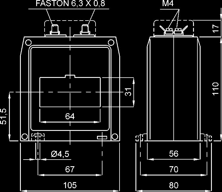 TAT063 63x30 T.A. DI MISURA A BARRA PASSANTE BUSBAR PASSING MEASURING CT s grado di protezione protection degree IP 00 grado di protezione con coprimorsetti protection degree with terminal covers IP