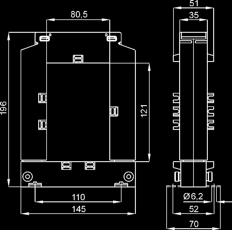 TAA121 80,5x121 T.A. DI MISURA APRIBILE SPLIT-CORE MEASURING CT s grado di protezione protection degree IP 20 durata nominale (I th) current (I th) 60 In temperatura di funzionamento