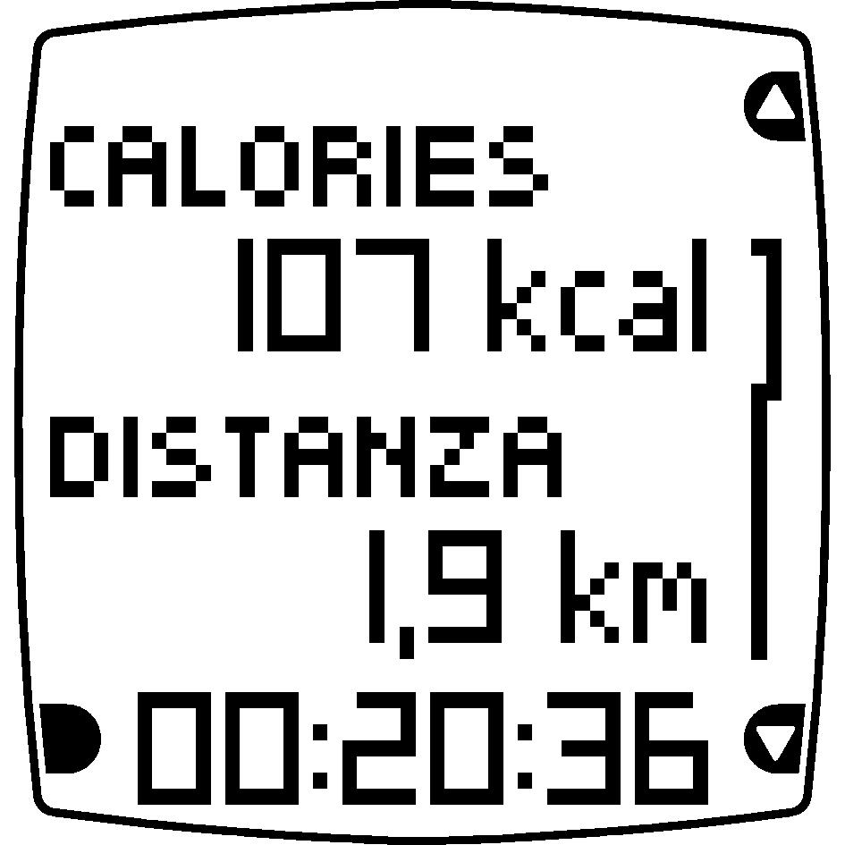 CALORIE Quantità di calorie (kcal/cal) bruciate. DISTANZA Distanza coperta (km/mi).