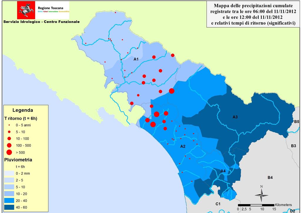 Figura 10 Mappa della distribuzione delle piogge e dei tempi di ritorno calcolati sulla durata di 3 ore per l area A