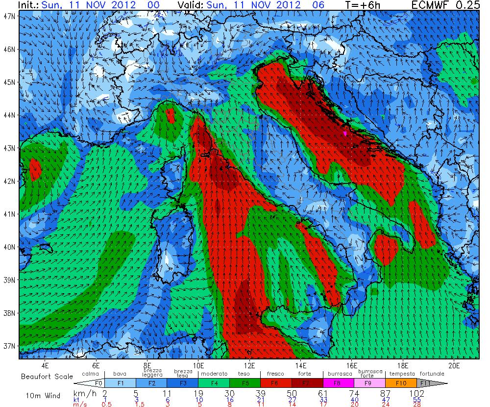 Una netta linea di convergenza al suolo dei venti di Scirocco (sud-est) prossimi alla linea di costa con venti occidentali presenti sul Golfo Ligure (Fig.