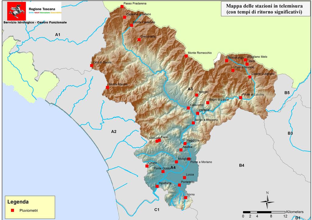 Figura 6 Mappa dell ubicazione delle stazioni significative del bacino del Serchio Codice TOS11000049 TOS02004315 TOS02004305 TOS02004286 TOS02004284 TOS02000519 TOS02000515 TOS02000512 TOS02000498