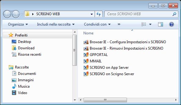 I primi due collegamenti: Browser IE Configura Impostazioni x SCRIGNO Browser IE Rimuovi Impostazioni x SCRIGNO Vengono usati rispettivamente per aggiungere e rimuovere le seguenti impostazioni dalle