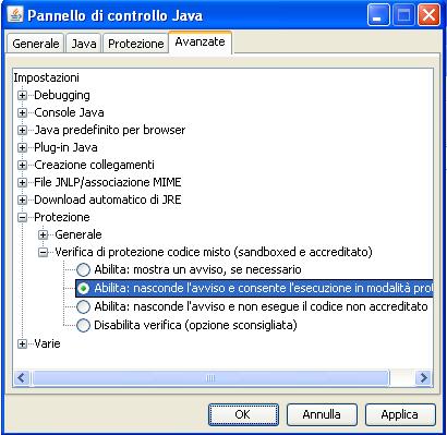 Aprire il pannello controllo JAVA ed impostare, nella sezione Avanzate\Protezione\Verifica di protezione codice misto(sandboxed e accreditato), il flag su abilita, che nasconde l'avvertenza e