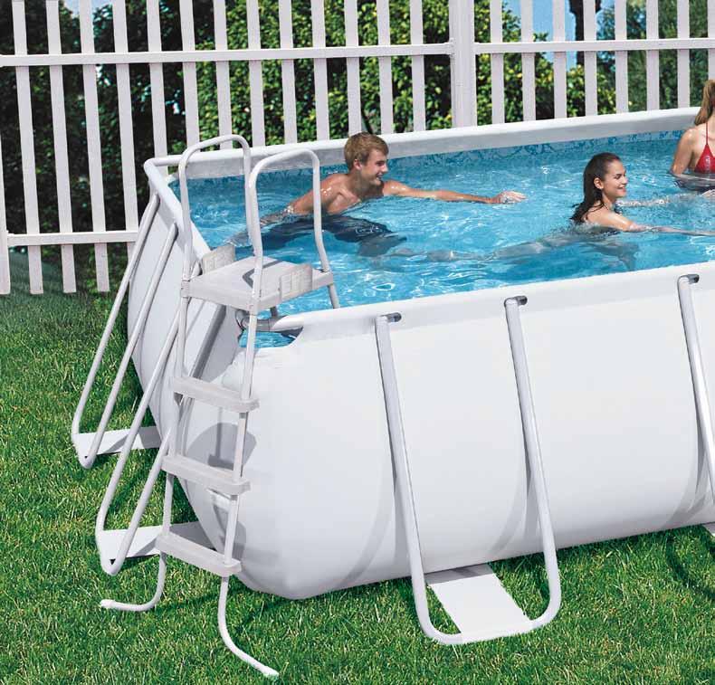 Piscine rettangolari telaio in metallo galvanizzato antiruggine, pareti PVC e poliestere resistente triplo strato. Valvole di rapido svuotamento.