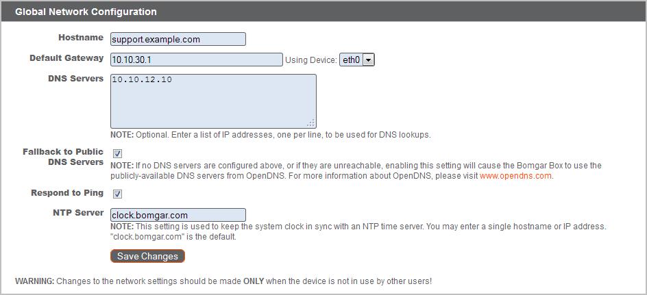 Nella sezione Configurazione di rete globale, configurare il gateway predefinito. La configurazione dei server DNS non è obbligatoria ma è fortemente consigliata.