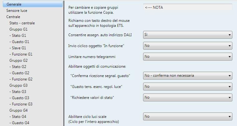 ABB i-bus KNX 3.2.1 Finestra parametri Generale In questa finestra parametri si eseguono le impostazioni di livello superiore dei parametri, che sono rilevanti per l'intero regolatore di luce DALI.