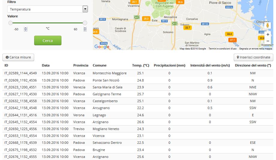 Mediante il menu con i filtri l utente è in grado di: centrare la mappa secondo una Regione, una Provincia o una Città utilizzando i menu a tendina; centrare una mappa secondo una città scrivendo il