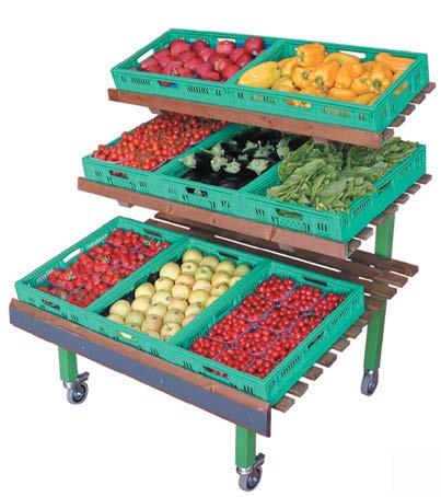 ESPOSITORI ortofrutta AURA ZEUS structure Square-section tubing with no sharp edges Square-section tubing settings Various tilting angles and closable Lower shelf tiltable display 3 crates size 600 x