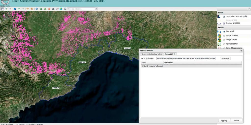 permette di aggiungere un livello informativo secondo lo standard WMS Funzione Togli Livello Permette di togliere livelli cartografici alla