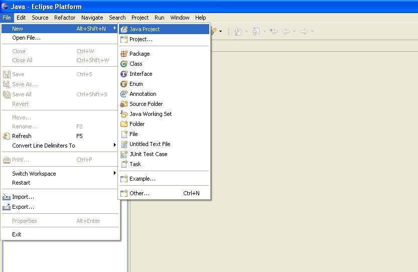 Ora in Eclipse si devono fare le seguenti operazioni: 1) dal menu in alto a sinistra File -> New -> Java Project (come in figura 3) Figura 3 2) si aprirà una finestra: nel campo bianco Project Name