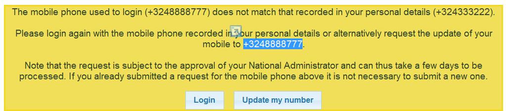 6 Il sistema conferma l invio della richiesta all amministratore nazionale per l approvazione Documentazione da inviare Per richiedere l aggiornamento del numero di cellulare autorizzato, dopo aver