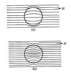Figura 20 : La variazione della densità del flusso magnetico (numero delle linee di forza) in un campo magnetico è illustrata in Figura per un campione diamagnetico (a) e paramagnetico (b). 4.1.