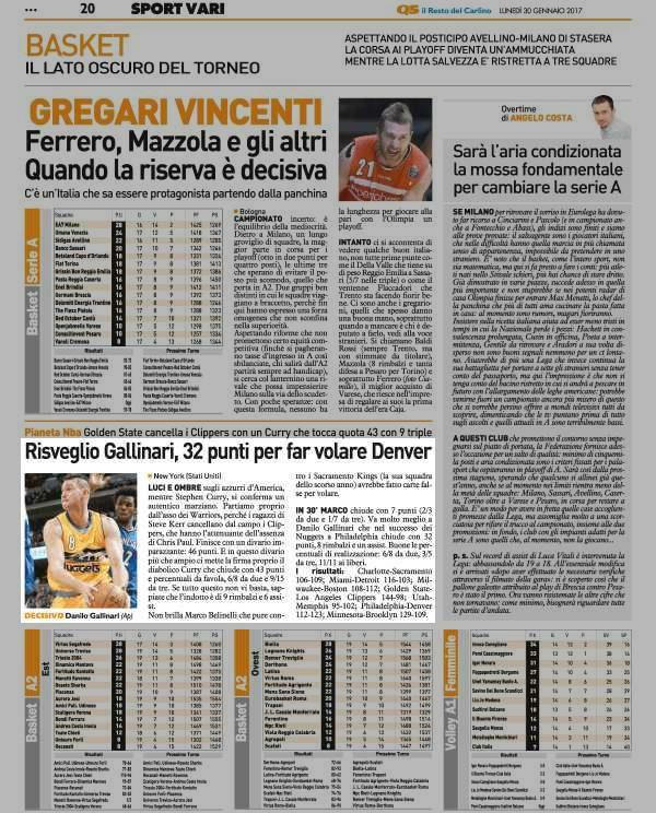 30 gennaio 2017 Pagina 20 Il Resto del Carlino Risveglio Gallinari, 32 punti per far volare Denver New York (Stati Uniti) LUCI E OMBRE sugli azzurri d' America, mentre Stephen Curry, si conferma un