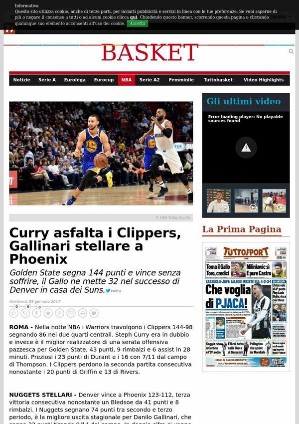 29 gennaio 2017 tuttosport.com Curry asfalta i Clippers, Gallinari stellare a Phoenix ROMA Nella notte NBA i Warriors travolgono i Clippers 144 98 segnando 86 nei due quarti centrali.