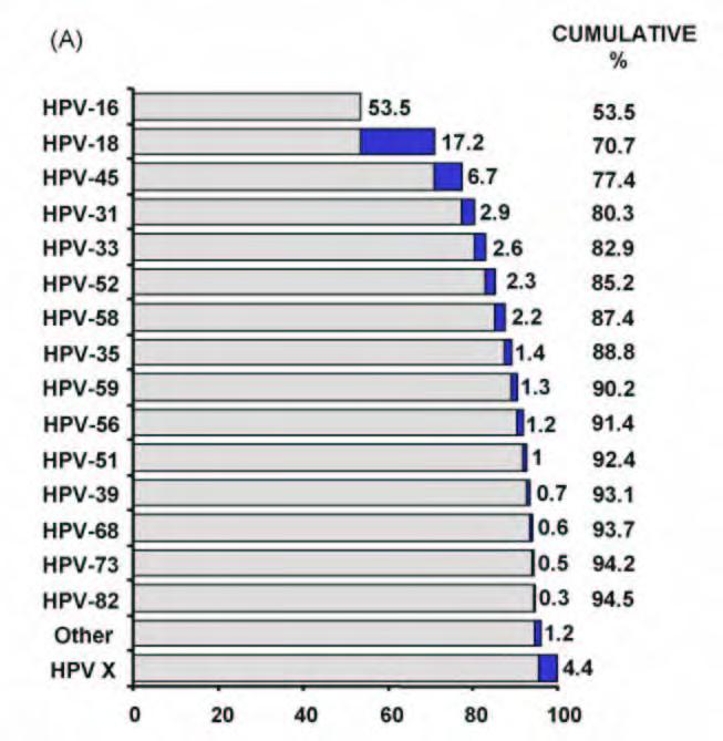 % cervical cancer attributed to the most frequent HPV types