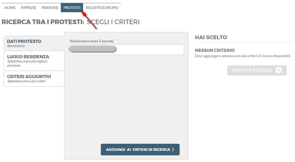 Ricerca Protesti La prima operazione è l inserimento dell informazione di base ovvero [CRITERIO PRINCIPALE] Dopo aver inserito il dato