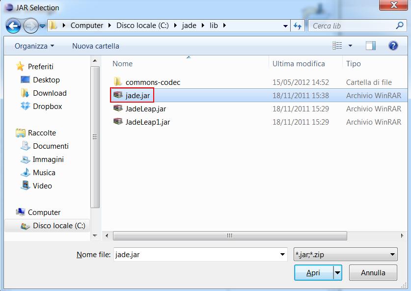 Ambiente di sviluppo - Selezionate dall'explorer l'archivio delle classi Jade (jade.jar), localizzato in Jade-Dir /lib/.