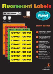250 etichette fluorescenti autoadesive fluorescenti con adesivo permanente, adatte a stampanti Laser e fotocopiatrici.