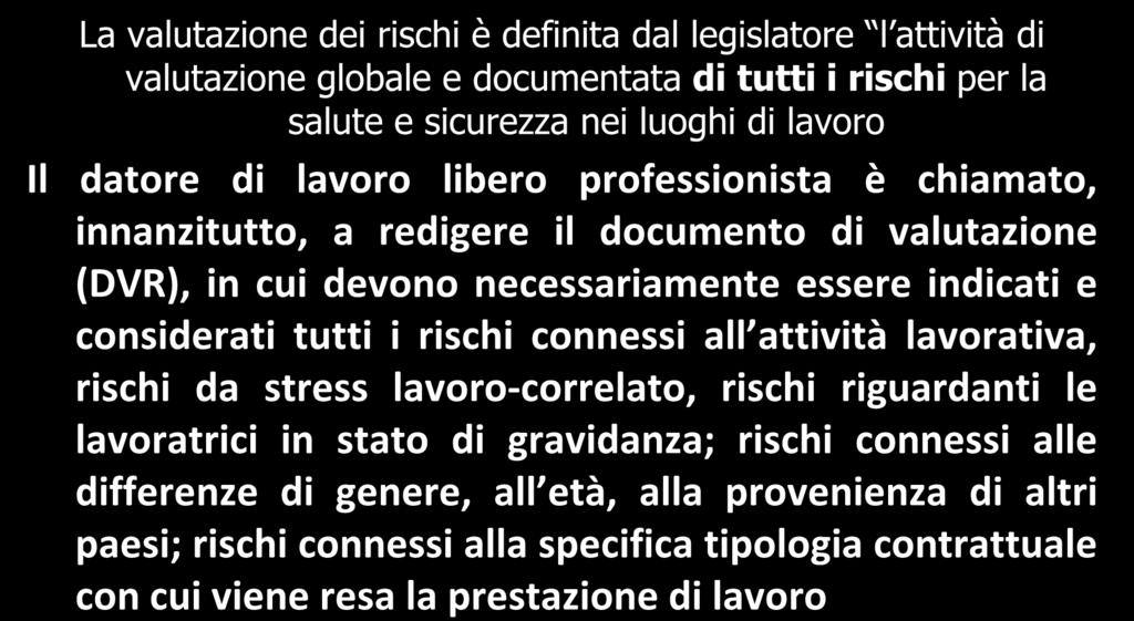 LA VALUTAZIONE DEI RISCHI E LA REDAZIONE DEL DVR La valutazione dei rischi è definita dal legislatore l attività di valutazione globale e documentata di tutti i rischi per la salute e sicurezza nei