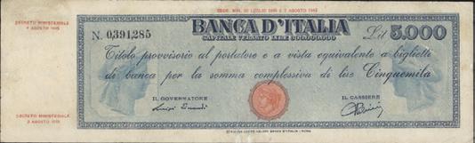 1.000 Lire - Barbetti (testina) 13/04/1945 - Alfa 633; Lireuro 49F - Einaudi/Urbini SPL+ 330