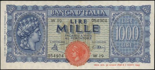 000 Lire - Barbetti (testina) 30/11/1944 - Alfa 631; Lireuro 49D RRR - Introna/Urbini -