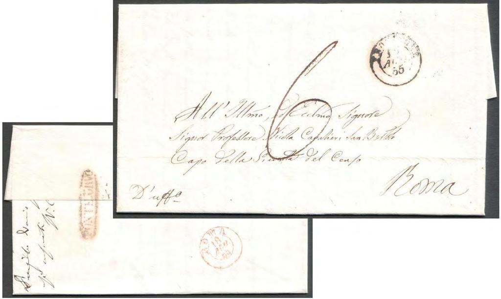 PONTECORVO Enclave pontificia in territorio borbonico CORRISPONDENZA SPEDITA OLTRE IL CIRCONDARIO POSTALE DI FROSINONE 16 agosto 1855, lettera non affrancata