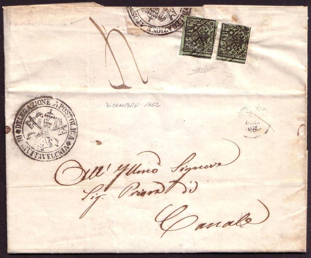 IL CIRCONDARIO DI ROMA L uso dei francobolli preannullati Lettera del 31 dicembre 1862, spedita inizialmente non affrancata da CIVITAVECCHIA (Direzione Postale) a CANALE (attuale Canale Monterano -