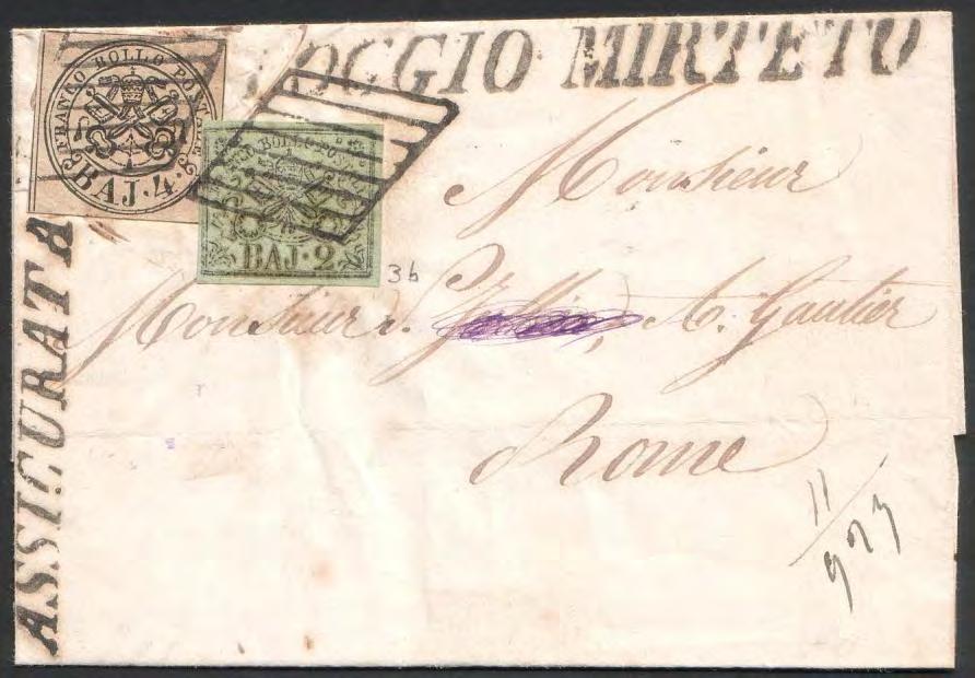 24 agosto 1860, lettera primo porto spedita da POGGIO MIRTETO (Distribuzione Postale di 1 a Classe dipendente dall Ufficio del Circondario) a ROMA, affrancata per 2 bajocchi.